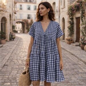 11.1 Tylho Anthropologie V-Neck Gingham Swing Dress NWT